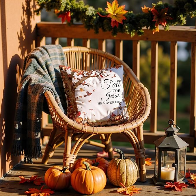 Fall for Jesus He Never Leaves Christian Throw Pillow Covers 18x18, Autumn Pumpkin Leaf Pillow Case Decor for Bedroom Home, Fall Christian Religious Gifts for Women
