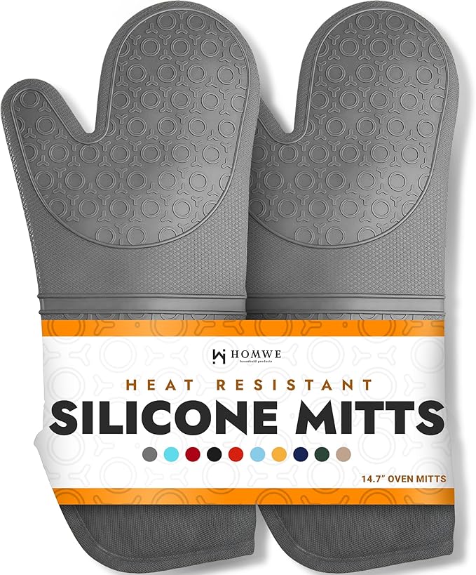 BPA-Free Soft Silicone Oven Mitts - Ultra Heat Resistant Oven Mitts with Thick Cotton Liner - Extra Long Slip Resistant Pot Holders, Flexible Oven Gloves - Gray 14.7"