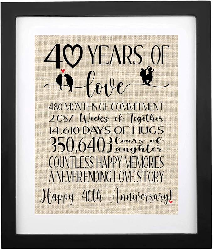 TOBOHU Framed 40 Years of Love Burlap Print, Gifts for Parents & Grandparents, Romantic Gifts for Couples, Happy 40th Anniversary Decoration