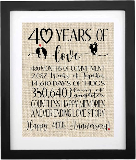 TOBOHU Framed 40 Years of Love Burlap Print, Gifts for Parents & Grandparents, Romantic Gifts for Couples, Happy 40th Anniversary Decoration