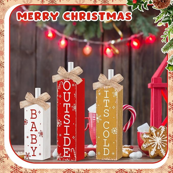 3 Pcs Winter Tiered Tray Decor Christmas Tabletop Decor Rustic Farmhouse Wooden Table Block Sign and Centerpieces It's Cold Outside Sign for Winter Wonderland Decorations Xmas Home Shelf