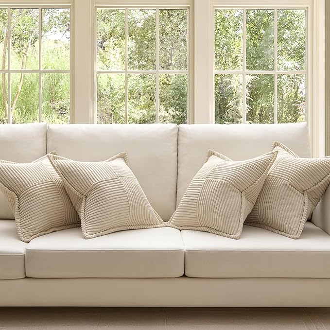 MIULEE Beige Throw Pillow Covers 18x18 Inch 4 Packs Soft Boho Decorative Pillow Cases Accent Farmhouse Corduroy Patchwork Cushion Cases with Invisible Zipper for Couch Sofa Bed Home Decor
