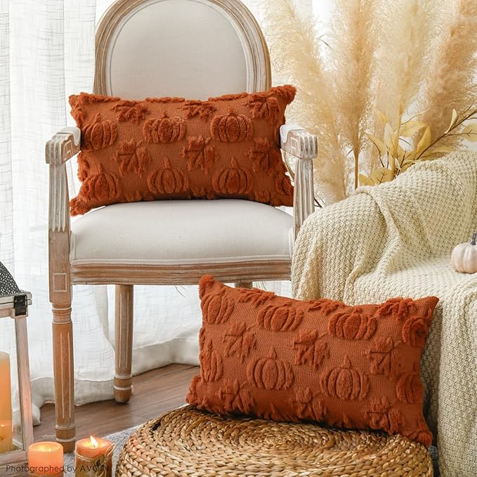 AVOIN colorlife Fall Pumpkin Maple Leaves Caramel Throw Pillow Covers, 12 x 20 Inch Seasonal Autumn Thanksgiving Harvest Soft Plush Faux Fur Jacquard Cushion Case Decoration for Sofa Set of 2