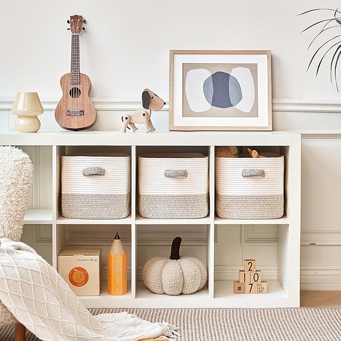 Storage Cube Baskets 3-Pack - 11 inch Square Baskets, Closet & Shelves Organizers - Woven & Drawer Storage - Ideal for Toys | White & Beige