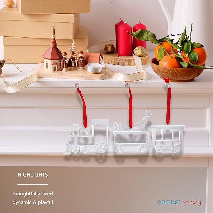 Nambe Holiday Train Mini Ornament Set – 3-Piece Engine, Toy Car & Caboose, Silver and Gold Plated Christmas Ornaments for Tree, Festive Holiday Décor, Gift Toppers or Collectible Keepsakes, 3" Each