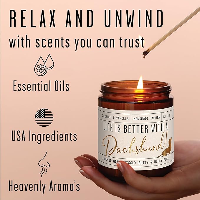 Dachshund Gifts for Women - 'Life is Better with a Dachshund' Candle, w/Vanilla, Coconut & Citrus - infused w/Essential Oils I Weiner Dog Gifts for Women I Dachshund Decor I 50Hr Burn, USA Made