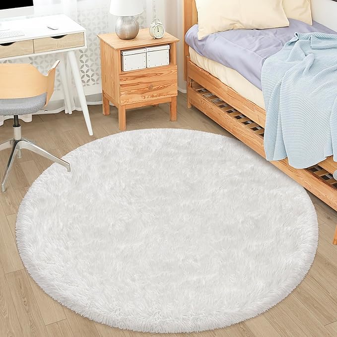 4x4 ft Tie Dye White Round Rug for Bedroom Room Fluffy Circle Rug Furry Carpet Shaggy Circular Fuzzy Washable Non-Slip Large Area Rug Soft Indoor for Living Room Cute Aesthetic Home Decor