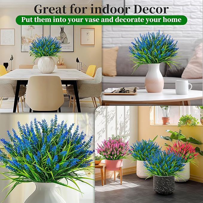 Artificial Flowers for Outdoor Plants 24 Bundles Fake Lavender Plastic Faux Monkey Grass for Verandah Window Garden Office Patio Front Porch UV Resistant for Planter(Blue)
