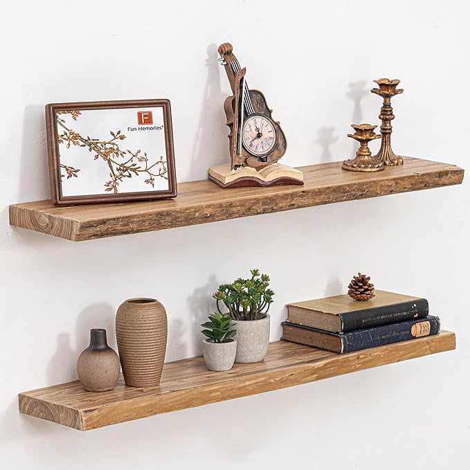 Fun Memories 36 Inch Floating Shelves – Set of 2, Rustic Elm Floating Shelves for Wall, Heavy-Duty Wall Shelf for Books, Wooden Floating Shelf with Invisible Bracket for Kitchen – Natural Finish