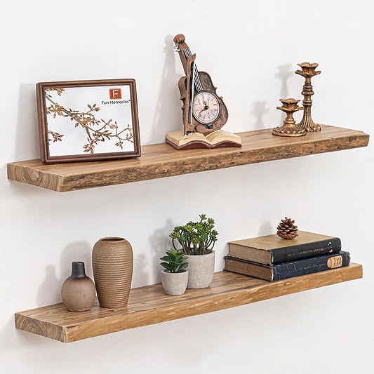 Fun Memories 36 Inch Floating Shelves – Set of 2, Rustic Elm Floating Shelves for Wall, Heavy-Duty Wall Shelf for Books, Wooden Floating Shelf with Invisible Bracket for Kitchen – Natural Finish