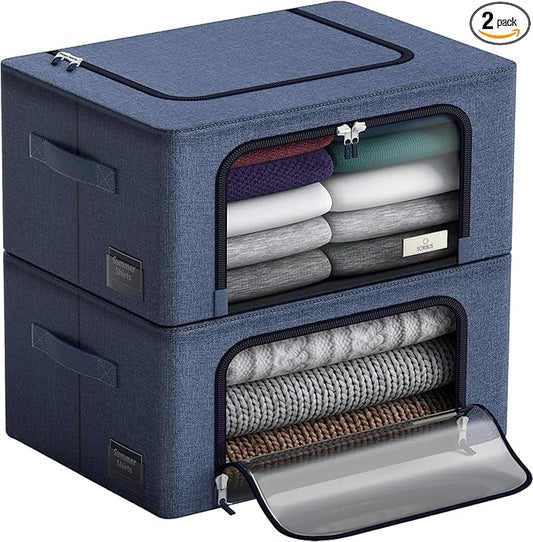 Sorbus Storage Bins with Metal Frame - Stackable & Foldable Clothes Organizer Bags - Oxford Fabric Storage Containers with Large Clear Window & Carry Handles, Bedroom Organization for Bedding & Linen