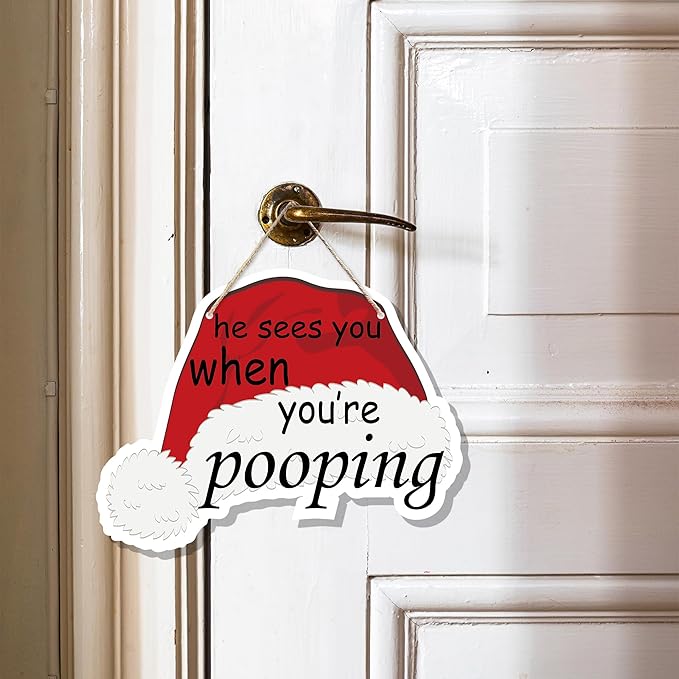 Funny Christmas Wooden Sign, Novelty Humor Xmas Hanging Sign Wall Decor for Guest Bathroom Toilet, Christmas Bathroom Home Door Decor 12 x 6 Inch