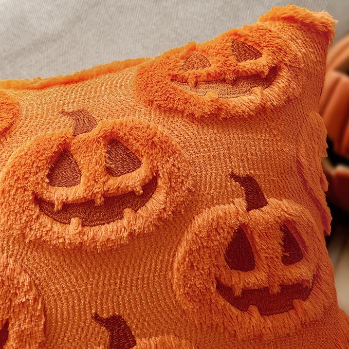 MIULEE Fall Halloween Throw Pillow Covers 20x20 Decorative Pumpkin Pattern Pillowcases Soft Plush Faux Wool Cushions for Home Patio Sofa Couch,Orange