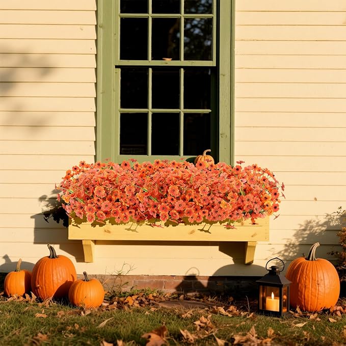 20 Bundles Fall Flowers Artificial for Decoration Outdoors, Fake Flowers Faux Plants Silk Colorful Daisy Eucalyptus Realistic UV Resistant for Garden Patio Porch Box Home Decor, Orange