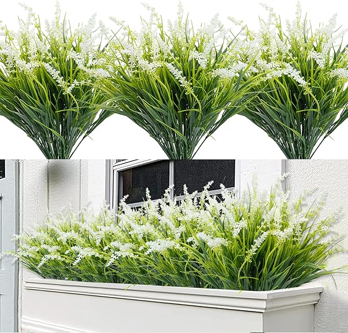 12 Bundles Outdoor Artificial Plants Flowers UV Resistant Fake Tall Grass Plants Bushes Faux Tropical Shrubs for Outside Window Box Planter Front Porch Yard Patio Floral Arrangement