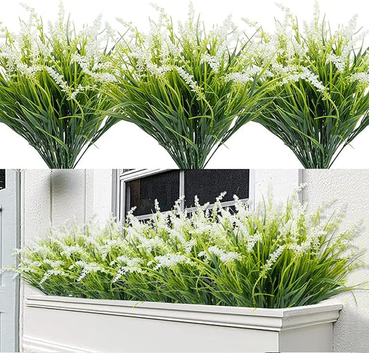 12 Bundles Outdoor Artificial Plants Flowers UV Resistant Fake Tall Grass Plants Bushes Faux Tropical Shrubs for Outside Window Box Planter Front Porch Yard Patio Floral Arrangement