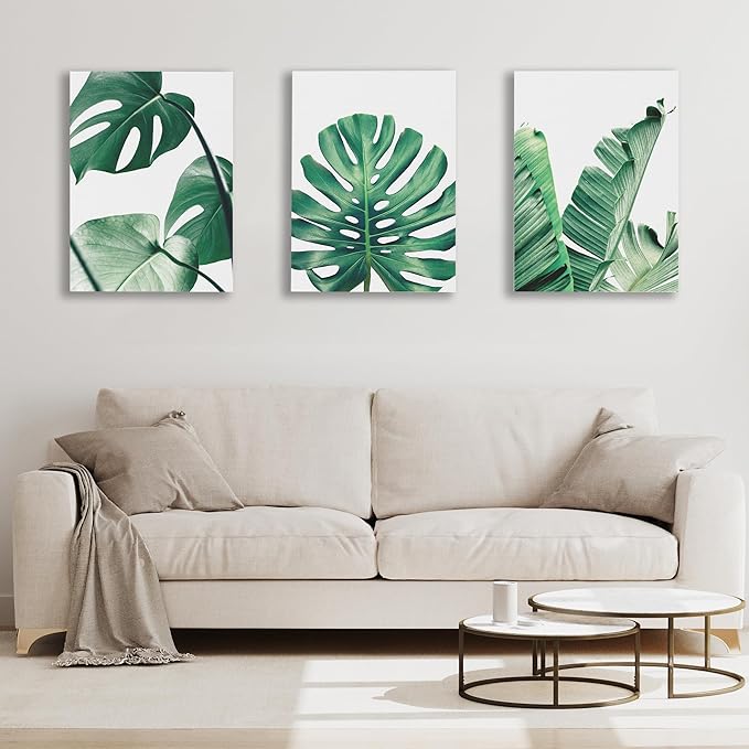 COSCTOR Set of 3 Botanical Wall Art Bathroom Green Plant Tropical leaf Picture Framed Prints for Home Living Room Bedroom Restroom Decoration(Framed,12x16)
