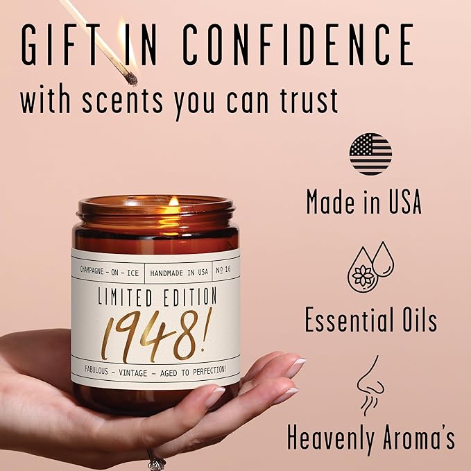 77th Birthday Gifts for Women - 'Limited Edition 1948' Soy Candle, w/Champagne on Ice I 77 Birthday Gifts for Women I 77th Birthday Gift for Her Ideas I 9oz Reusable Jar, 50Hr Burn, Made in USA