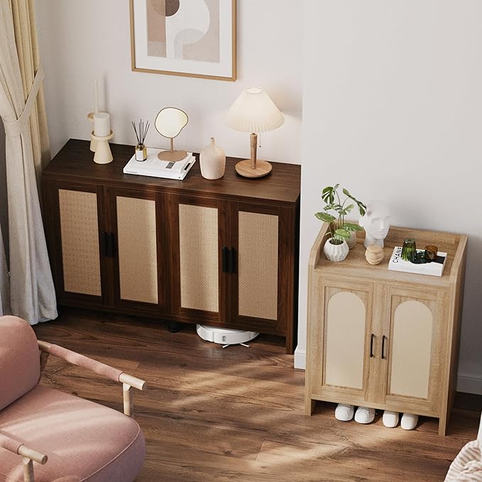 Rattan Buffet Cabinet with Storage, Sideboard Cabinet with Doors and Adjustable Shelves, Farmhouse Coffee Bar Station Table, Modern Wood Cupboard for Kitchen, Livingroom, Walnut