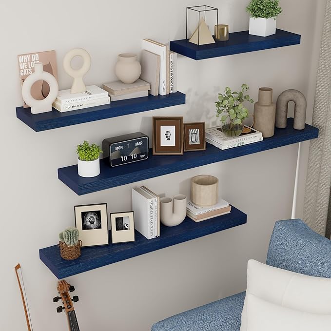 Solid Wood Floating Shelves Set of 3 - Modern Blue Shelves for Wall Decor Storage in Bedroom, Living Room, Bathroom, Kitchen - Dark Blue