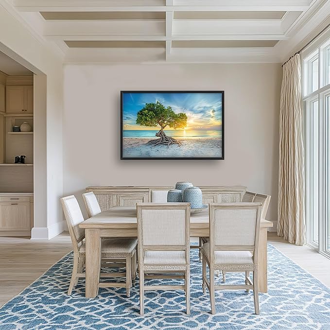 Beach Tree Large Framed Wall Art Sunrise Coastal Sea Pictures Oversized Tree of Life Wall Decor Canvas Print Painting Aesthetic Modern Artwork for Living Room Bedroom Office Bathroom Home Decor 36L"x24W"