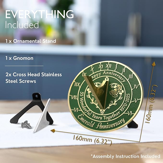 Anniversary Sundial Gift for 55th Emerald Wedding Anniversary in 2025 - Recycled Metal Home Decor Or Garden Present Idea - Handmade in UK for Him, Her Parents Or Couples 55 Year Celebration