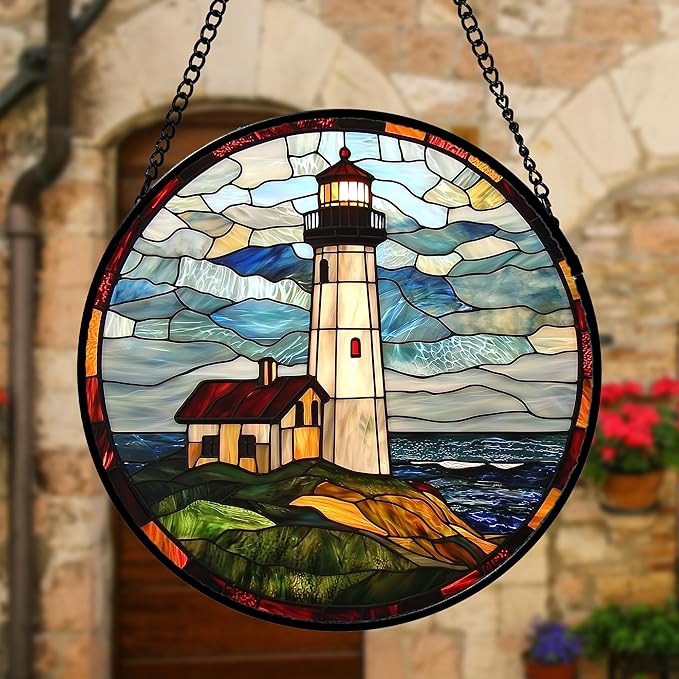 Stained Glass Window Hanging, Ocean Lighthouse Sun Catchers Glass Panel Blue Green Suncatcher Decor for Birthday for Women, Men, Wife, Aunt, and Mom 6.3 in