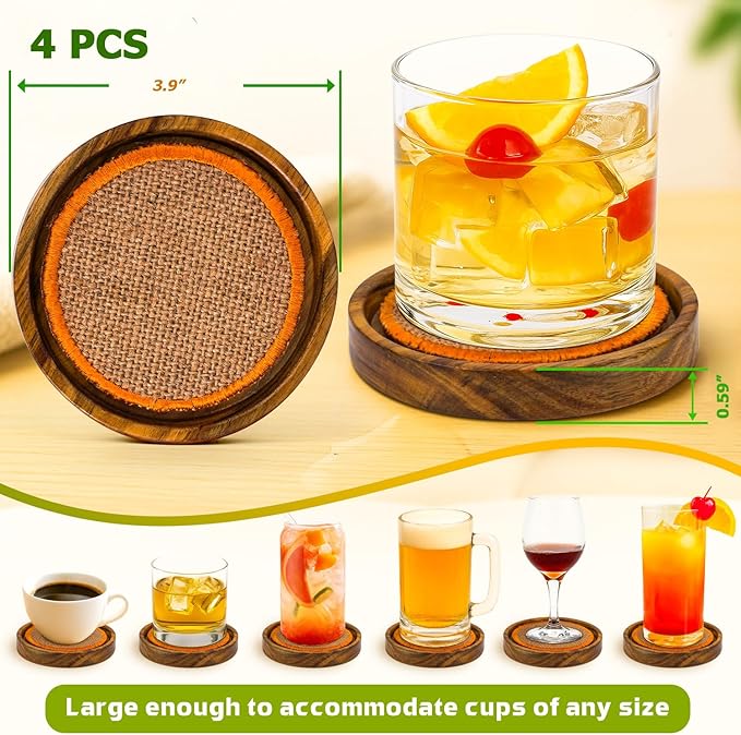 Wooden Coasters Set of 4 with Holder – 3.9" Acacia Drink Coasters with Water Groove & Non-Slip Base – Rustic Farmhouse Coffee Table Decor – Gift for Home, Bar, Wedding, Housewarming