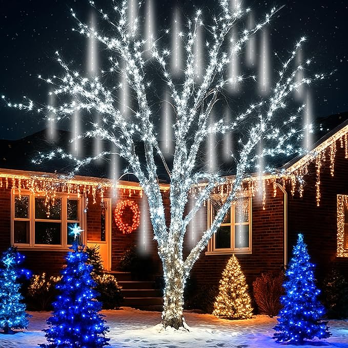 Aukora White Christmas Lights Outdoor, UL Plug 24 Tubes 576 LEDs Meteor Shower Light, Tandemable Icicle Snow Falling Rain Light for Xmas Tree Halloween Decorations Wedding Party Holiday Garden Decor
