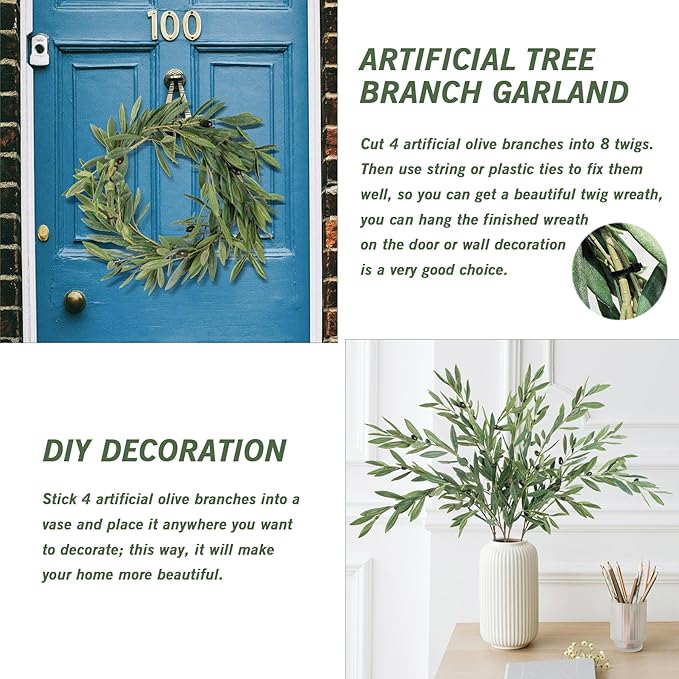 Faux Plants Olive Leaves Stems Artificial Plants Olive Tree Branches for Small Vase Tabletop Greenery Decor for Home Decor Office Wedding Party Decor 27.5” （4pcs）