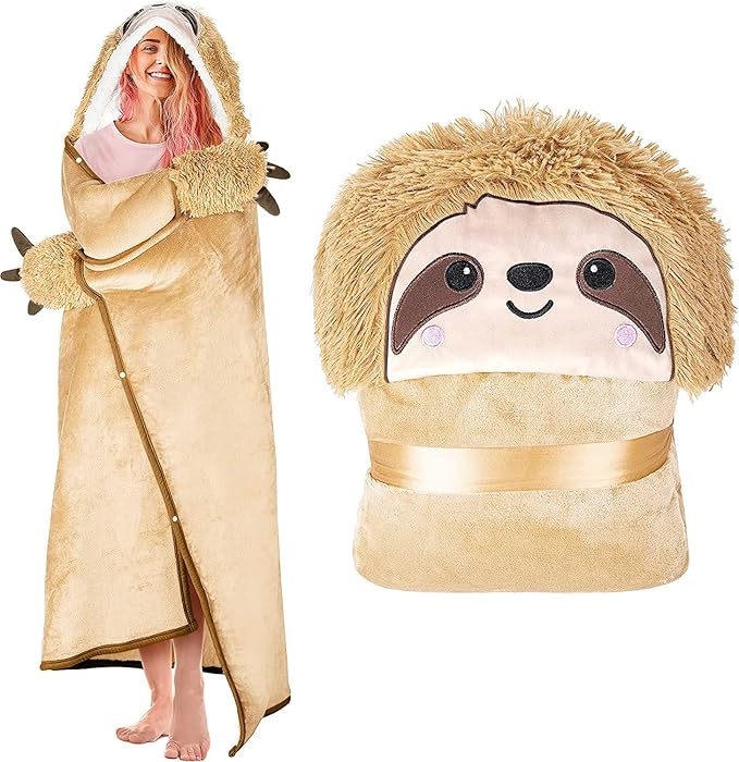 Sloth Wearable Hooded Blanket for Adults – Super Soft Warm Cozy Plush Flannel Fleece Throw & Sherpa Hoodie Cloak Wrap - Sloth Gifts for Women Adults Girls and Kids