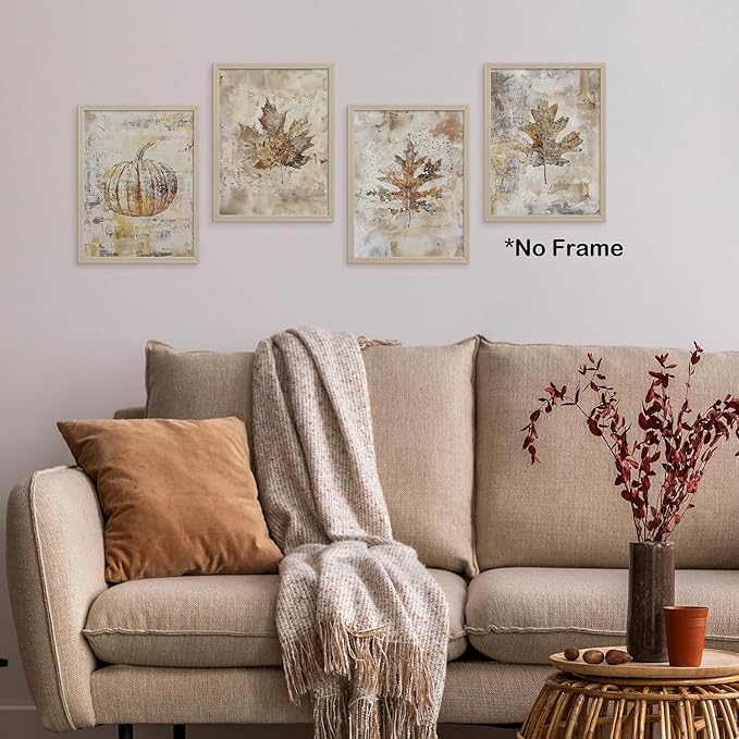 TLESKE Vintage Fall Leaves Posters Prints Unframed 12x16 Set of 4, Autumn Rustic Maple Oak Leaf Wall Art Prints Decor for Farmhouse Bedroom Living Room, Thanksgiving Wall Pictures