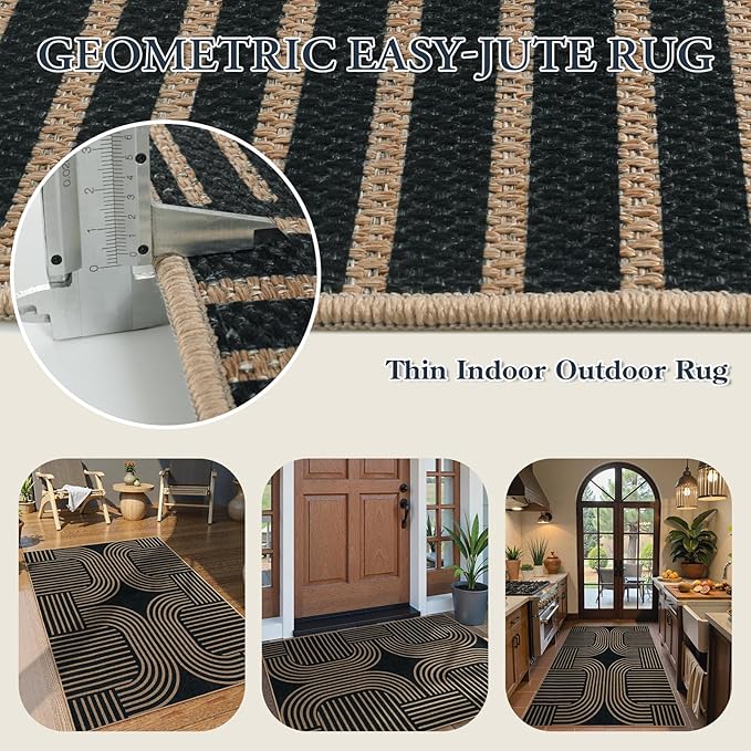 Lahome Modern Geometric Outdoor Easy Jute Rug, 3x5 Indoor Outdoor Rugs for Entryway Black Living Room Carpet, Farmhouse Washable Non Slip Carpet for Patio Courtyard Bedroom