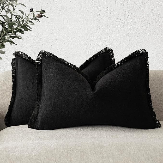 Foindtower Set of 2 Decorative Linen Fringe Throw Pillow Covers Boho Farmhouse Cushion Cover with Tassels Lumbar Accent Pillowcase for Bed Couch Sofa Living Room Home Bedroom Decor, 12×24 Inch, Black