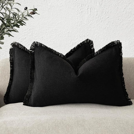 Foindtower Set of 2 Decorative Linen Fringe Throw Pillow Covers Boho Farmhouse Cushion Cover with Tassels Lumbar Accent Pillowcase for Bed Couch Sofa Living Room Home Bedroom Decor, 12×24 Inch, Black