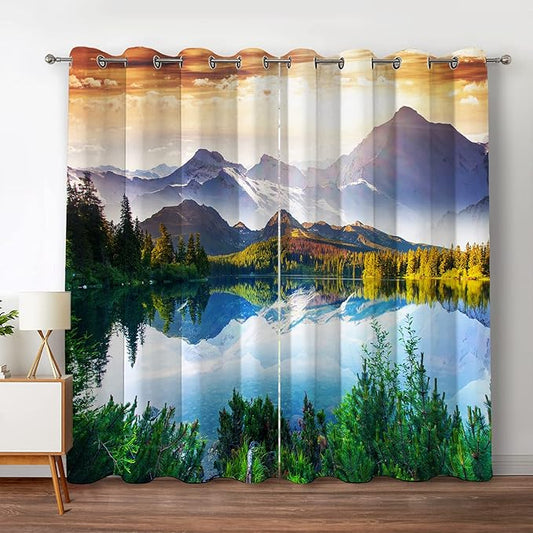 Jekeno Mountain Forest Blackout Curtains Lake Sky Sunshine Wild Nature Scenic Scenery Landscape Decor for Bedroom Living Room Grommet Window Drapes 2 Panel Set, 52"x63"