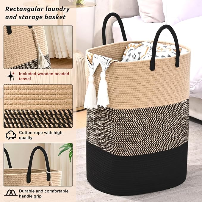 Woven Laundry Basket for Clothes, 65L Large Rectangle Laundry Hampers with Beads Tassel, Nursery Storage Basket for Toys, Tall Dirty Clothes Hamper for Bedroom Aesthetic, Laundry Room Organization