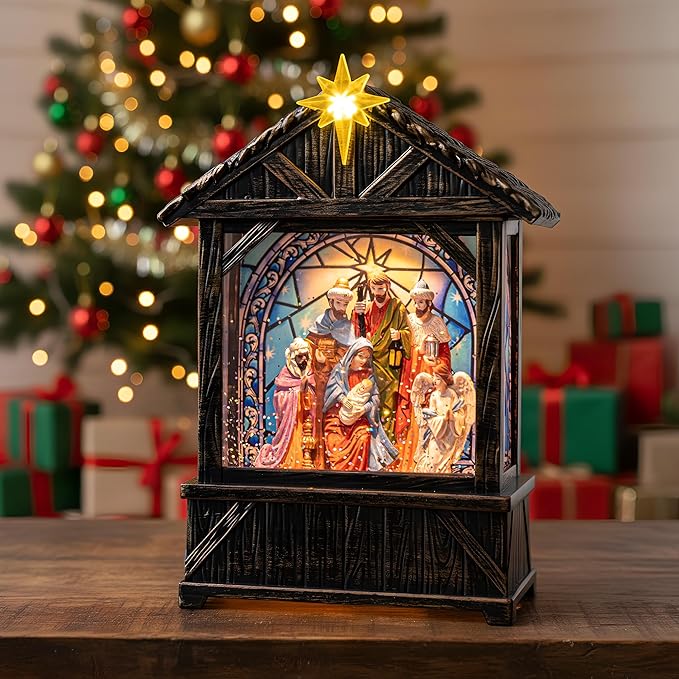 Christmas Snow Globe Lantern Water Glittering Nativity Manger with Star, USB Lined/Battery Operated Lighted Lantern for Christmas Festival Decoration Gifts