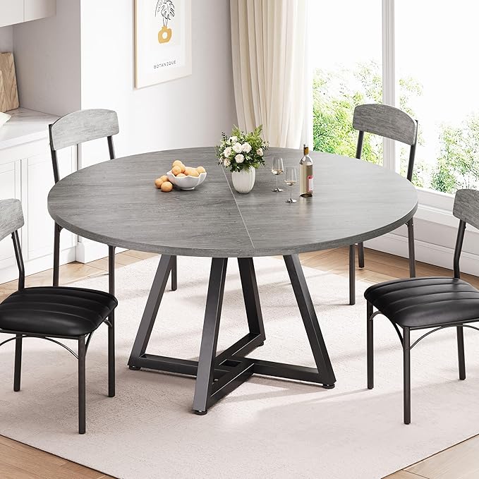51“ Round Kitchen Dining Room Table for 6-8, Circle Dining Dinner Table with Pedestal Metal Frame, Space Saving Wood Industrial Furniture for Small Space (Grey, 51In)