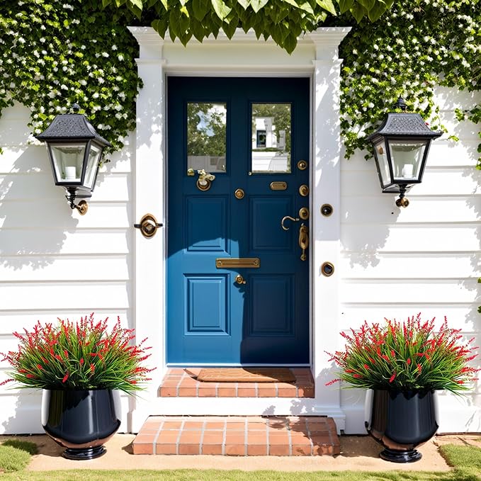 Artificial Faux Plants Flowers for Outdoor Decorations, Fake Monkey Grass for Outside Porch Patio, No Fade Realistic Greenery Plant, UV Resistant Artificial Bush Shrubs for Courtyard Window Garden