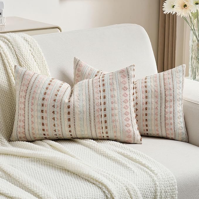 FUTEI Pink Blue Decorative Throw Pillow Covers 12x20 Inch Set of 2,Soft Cozy Chenille Jacquard Textured Pillow Case,Boho Home Decor for Couch Bed Living Room