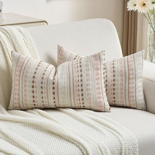 FUTEI Pink Blue Decorative Throw Pillow Covers 12x20 Inch Set of 2,Soft Cozy Chenille Jacquard Textured Pillow Case,Boho Home Decor for Couch Bed Living Room