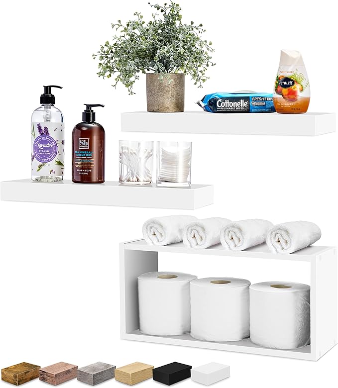 Sorbus Floating Shelves for Wall Set of 3 - Bathroom Shelves for Wall Storage, Over Toilet, Bedroom, Farmhouse, Decor - 2 Floating Shelves with Invisible Brackets & 1 Rectangular Box