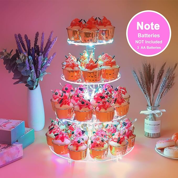 YestBuy 4 Tier Round Cupcake Stand – Premium Cupcake Holder – Acrylic Cupcake Tower Display – Display for Pastry + LED Light String – Ideal for Weddings, Birthday Parties & Events (Multicolored)