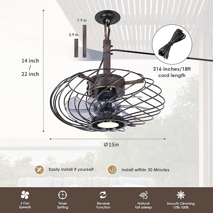 15" Outdoor Ceiling Fan with Light, Waterproof Gazebo Fan Remote Control, Dimmable LED Light, Hanging Black Caged Ceiling Fixtures with Plug in Cord for Patios Pergola, Black Gold