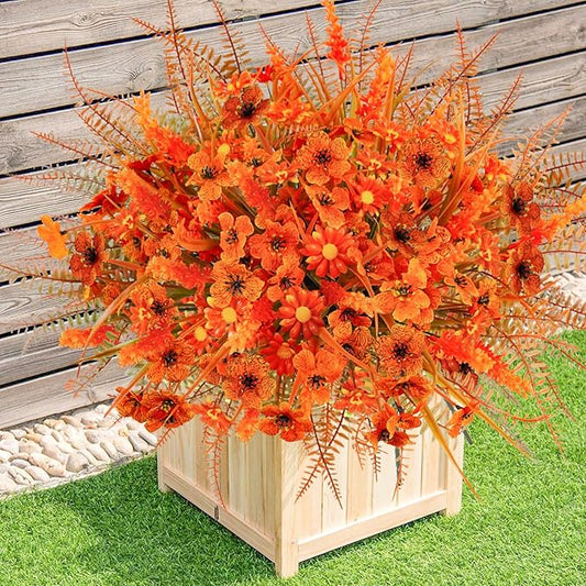 24 Pcs Artificial Fake Fall Flowers UV Resistant Faux Orange Mums Plants Arrangement for Outdoors Home Garden Window Porch Decor