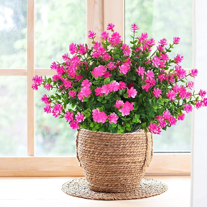 RECUTMS Artificial Flowers Outdoor Artificial Fake Flowers Fake Greenery Fake Plants Faux Outdoor Plastic Plants UV Resistant Shrubs Boxwood Plant Eucalyptus Hanging Basket Home Garden Decor (Pink)
