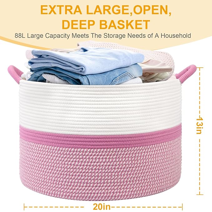 Pink Laundry Basket,20''x13''Woven Cotton Rope Laundry Hamper,Large Blanket Basket for Living Room,Baby Baskets,Kids Toy Storage Basket for Organizing,Woven basket,Clothes Hamper,Room Decor
