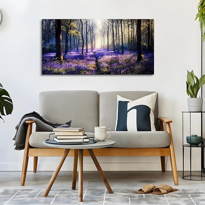 crmotu Purple Landscape Wall Art, Lavender Flower Field Large Artwork, Nature Forest Scenery Canvas Art Prints, Modern Pictures wall Decor Living Room Bedroom, Rustic Farmhouse Decor 20X40 Inches