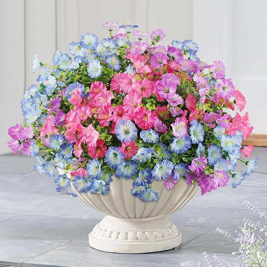 12PCS Artificial Flowers for Outdoor Decorations, Realistic Faux Silk Petunia Flowers for Outside, Fake Plants Morning Glory with Eucalyptus Porch Patio Planters Window Boxes Decor